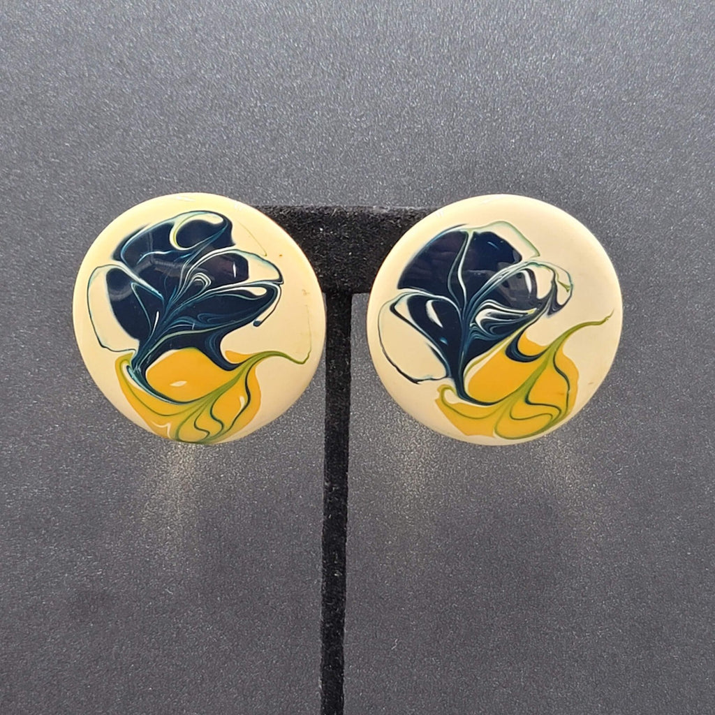 Vintage Pierced Earrings Large Round Yellow Blue Cream Enamel 1.75"