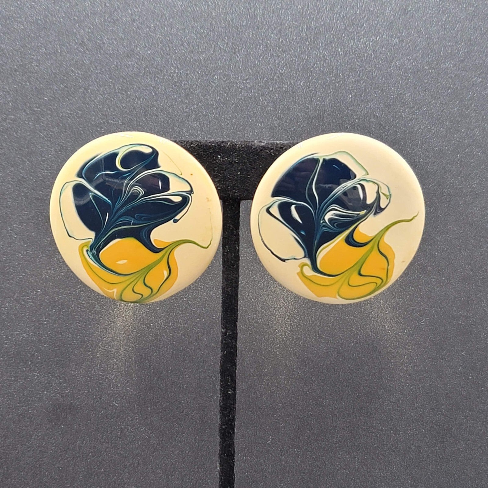 Vintage Pierced Earrings Large Round Yellow Blue Cream Enamel 1.75"