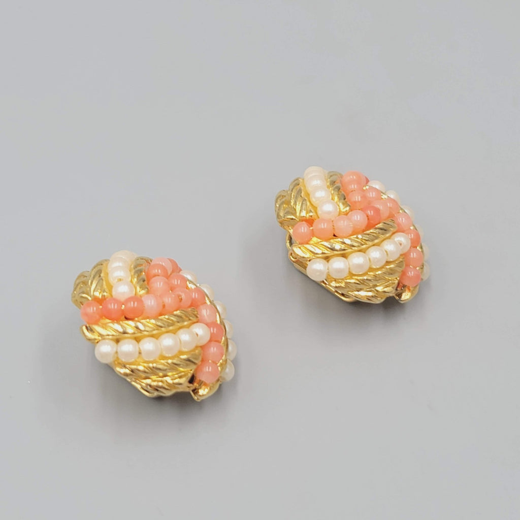 Vintage Avon Clip on Earrings Gold tone Pink White Bead Drop 1"