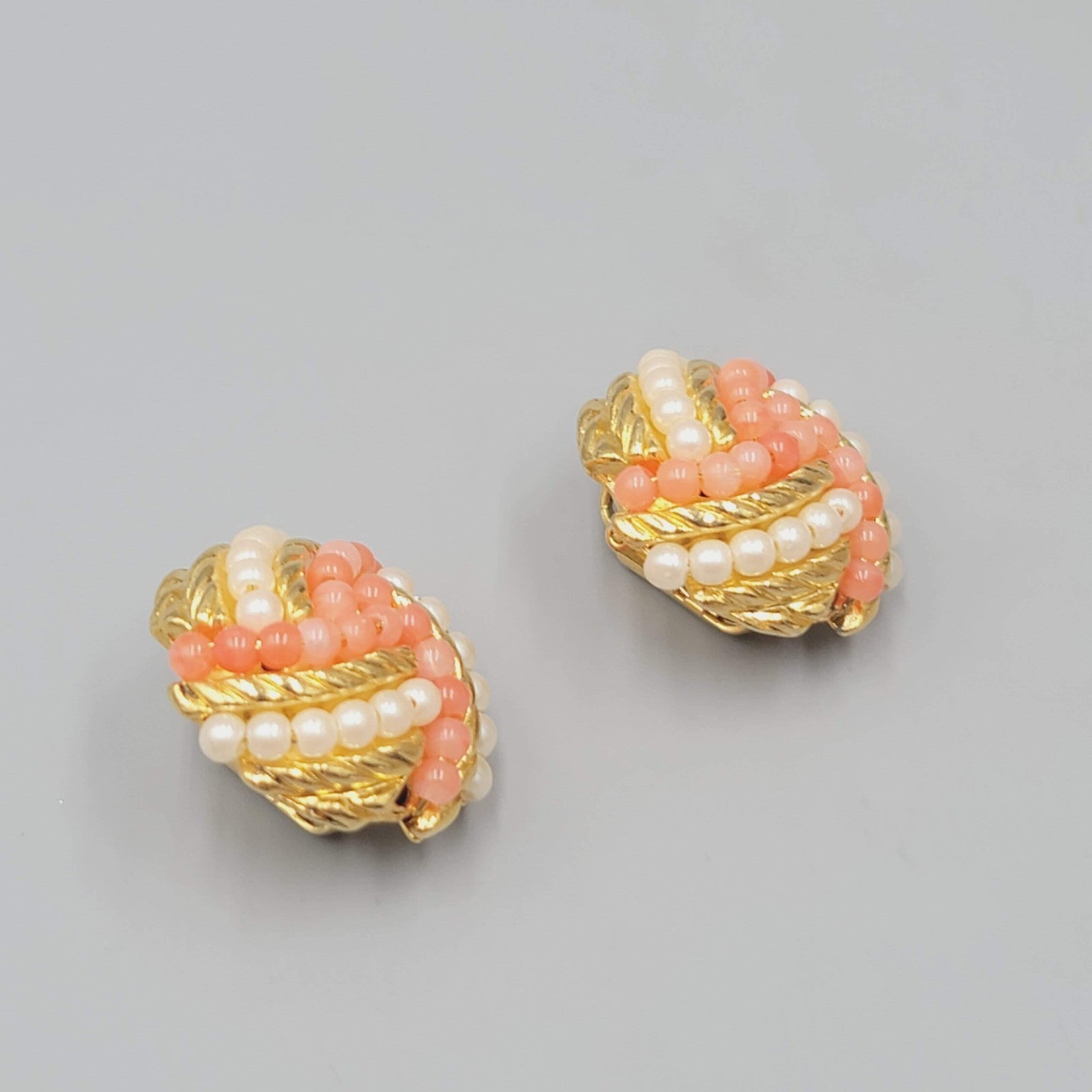 Vintage Avon Clip on Earrings Gold tone Pink White Bead Drop 1"