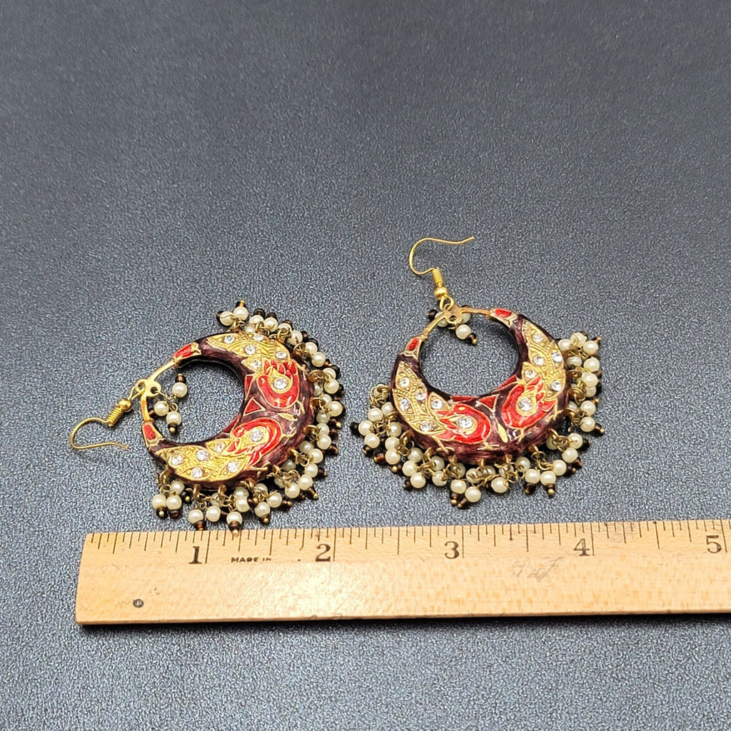 Pierced Earrings Ethnic Gold tone Red Green Beaded 1.75"