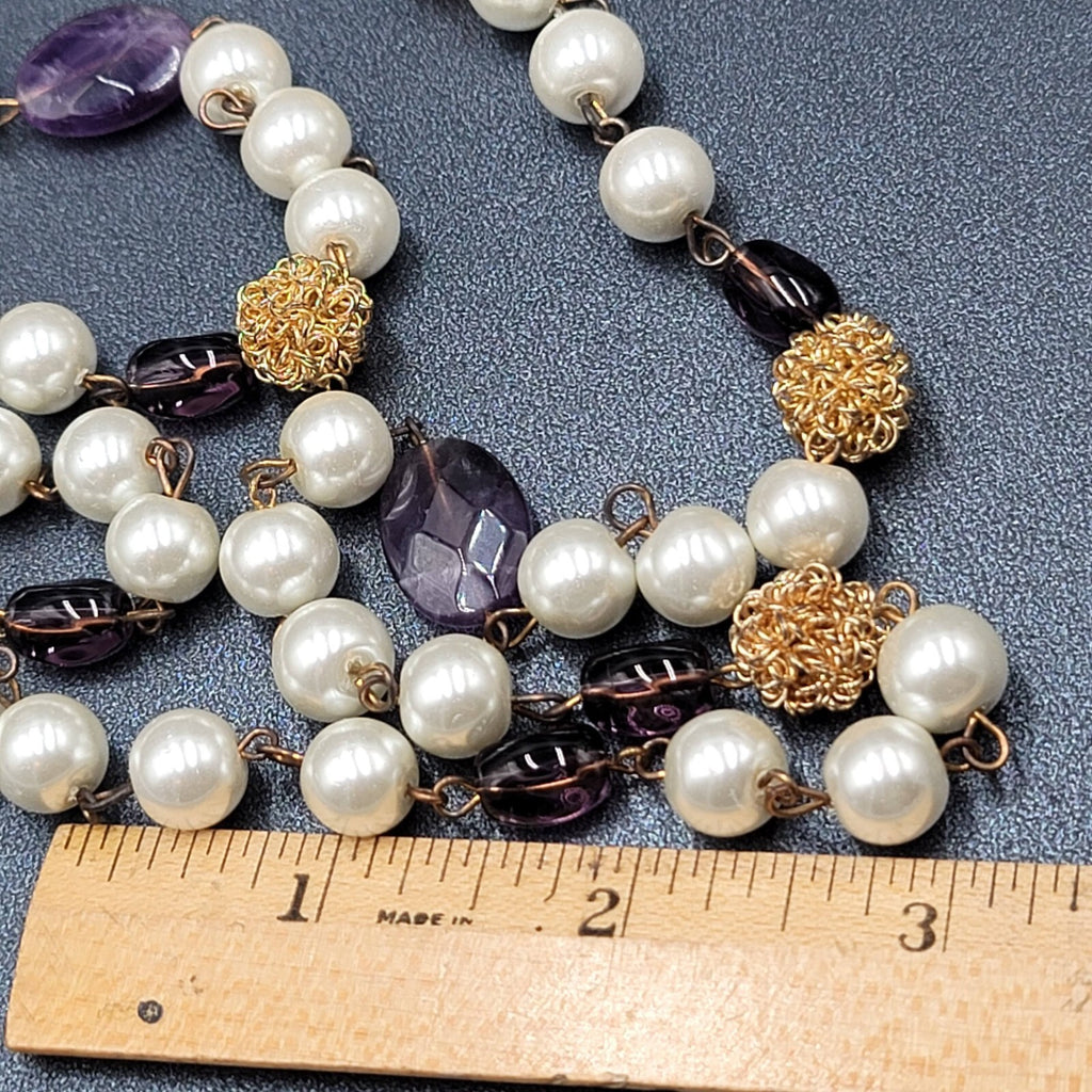 Long Necklace Faux Pearl Gold tone Wire Amethyst and Glass Beads 40"