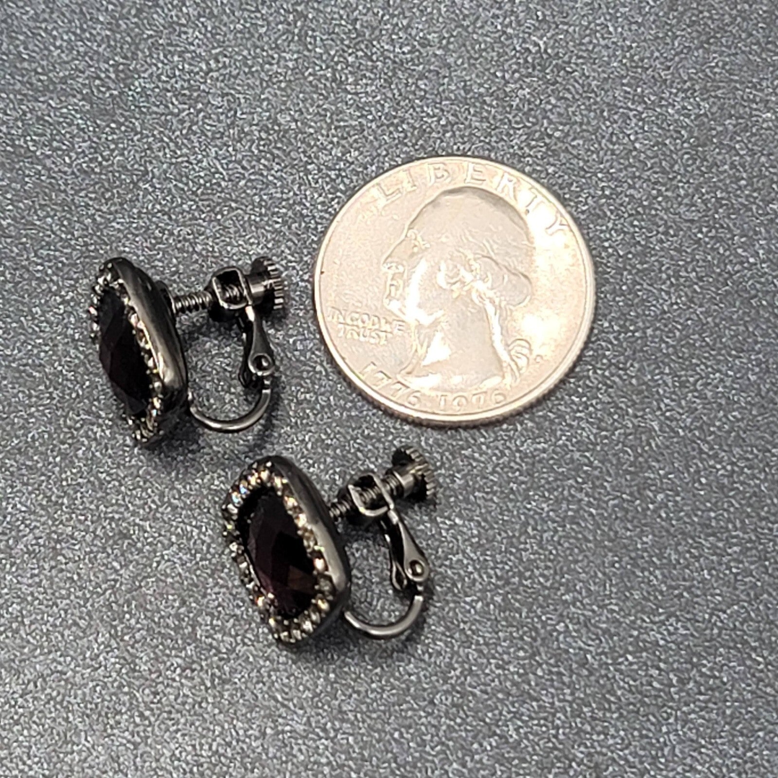 Clip on Earrings Black Metal Red Acrylic Clear Rhinestone Stud  1/2"