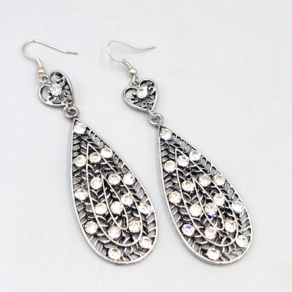 Heart Rhinestone Pierced Earrings Oxidized Silver tone Dangle Long 2.75"
