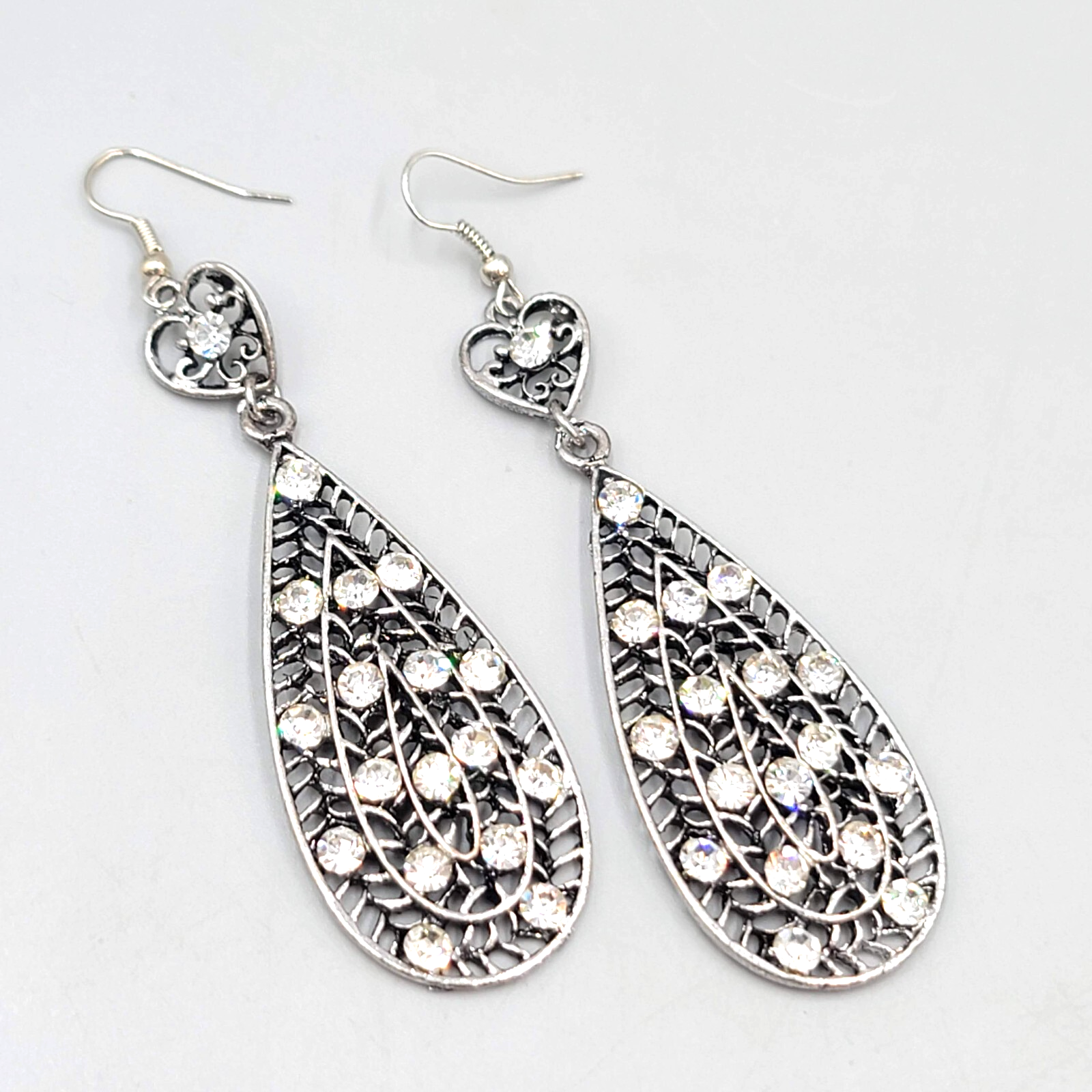 Heart Rhinestone Pierced Earrings Oxidized Silver tone Dangle Long 2.75"