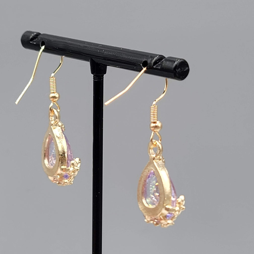 New Pierced Earrings Gold tone Glitter Purple Glass Teardrop Dangle 3/4"