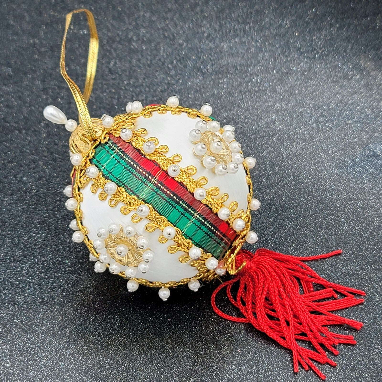 Vintage White Spun Satin Pearl Push Pin Christmas Ornament Velvet Ribbon Bead 4"
