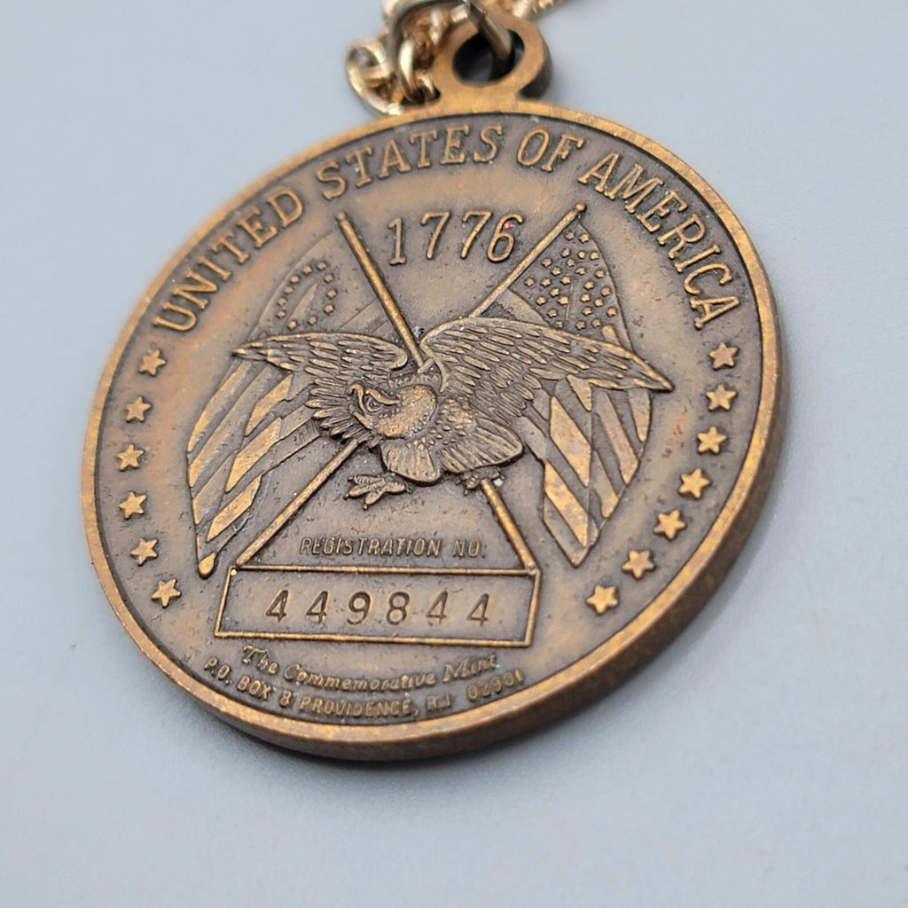 Vtg Liberty Bell Commemorative Mint Registered Coin Pendant Necklace Bronze tone