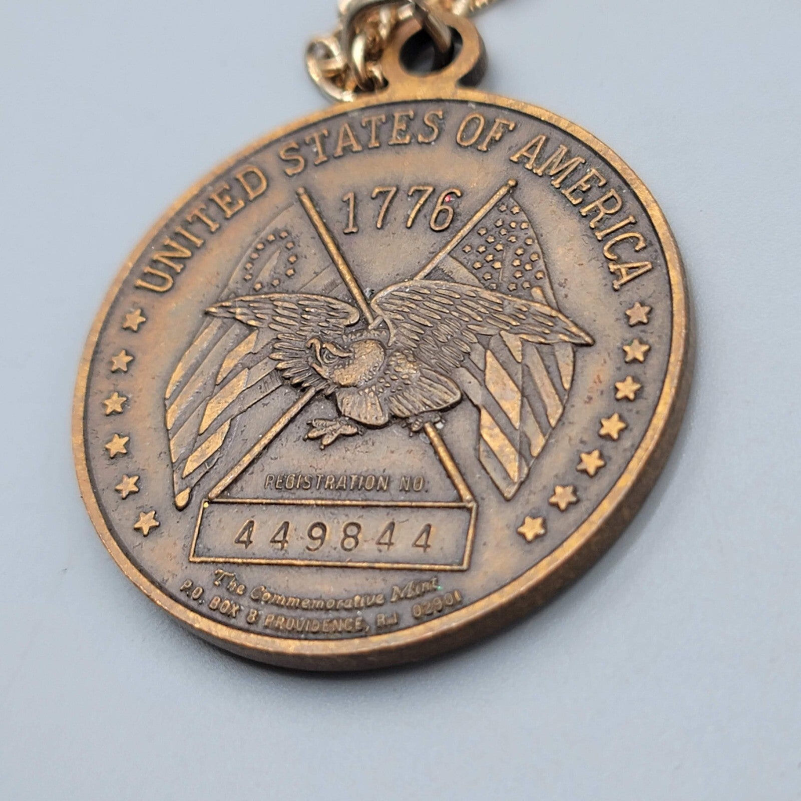 Vtg Liberty Bell Commemorative Mint Registered Coin Pendant Necklace Bronze tone