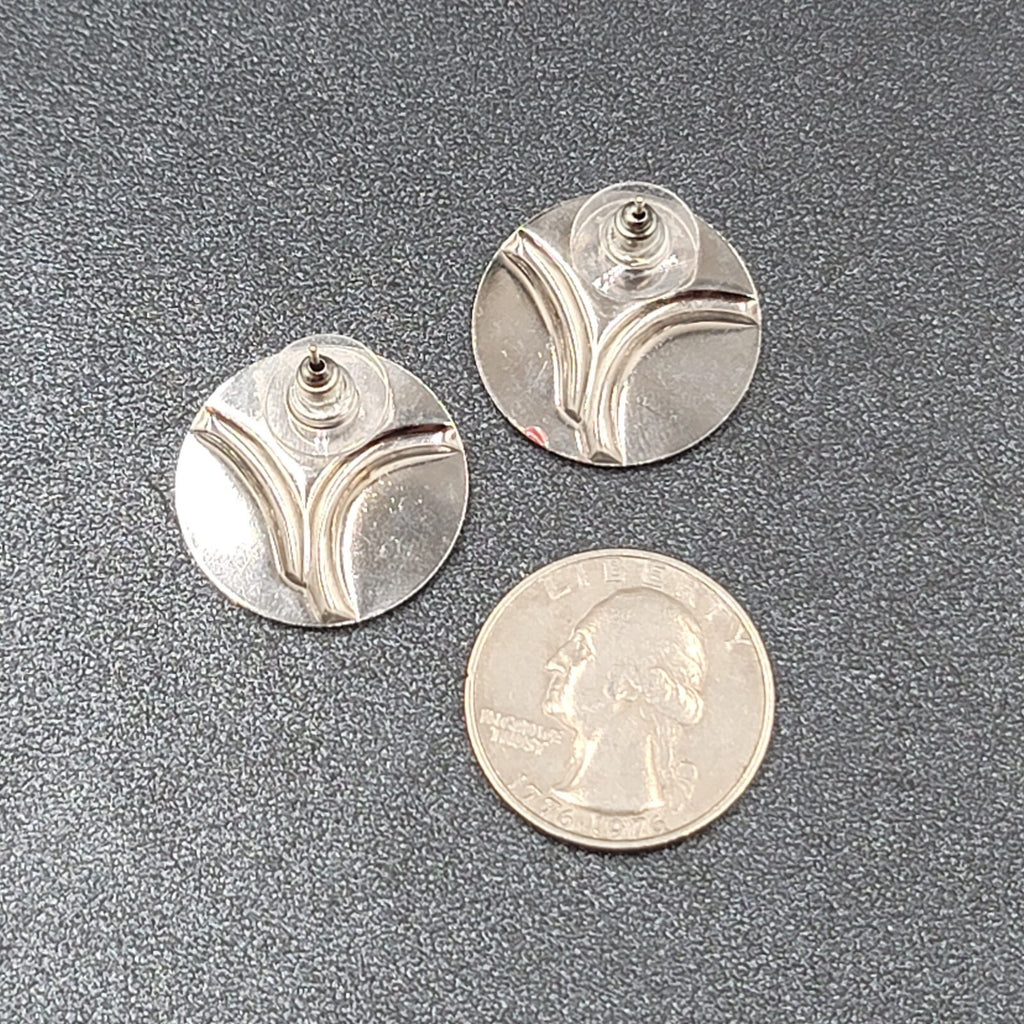 Vintage Pierced Earrings Silver tone White Red Enamel Disc Studs 7/8"