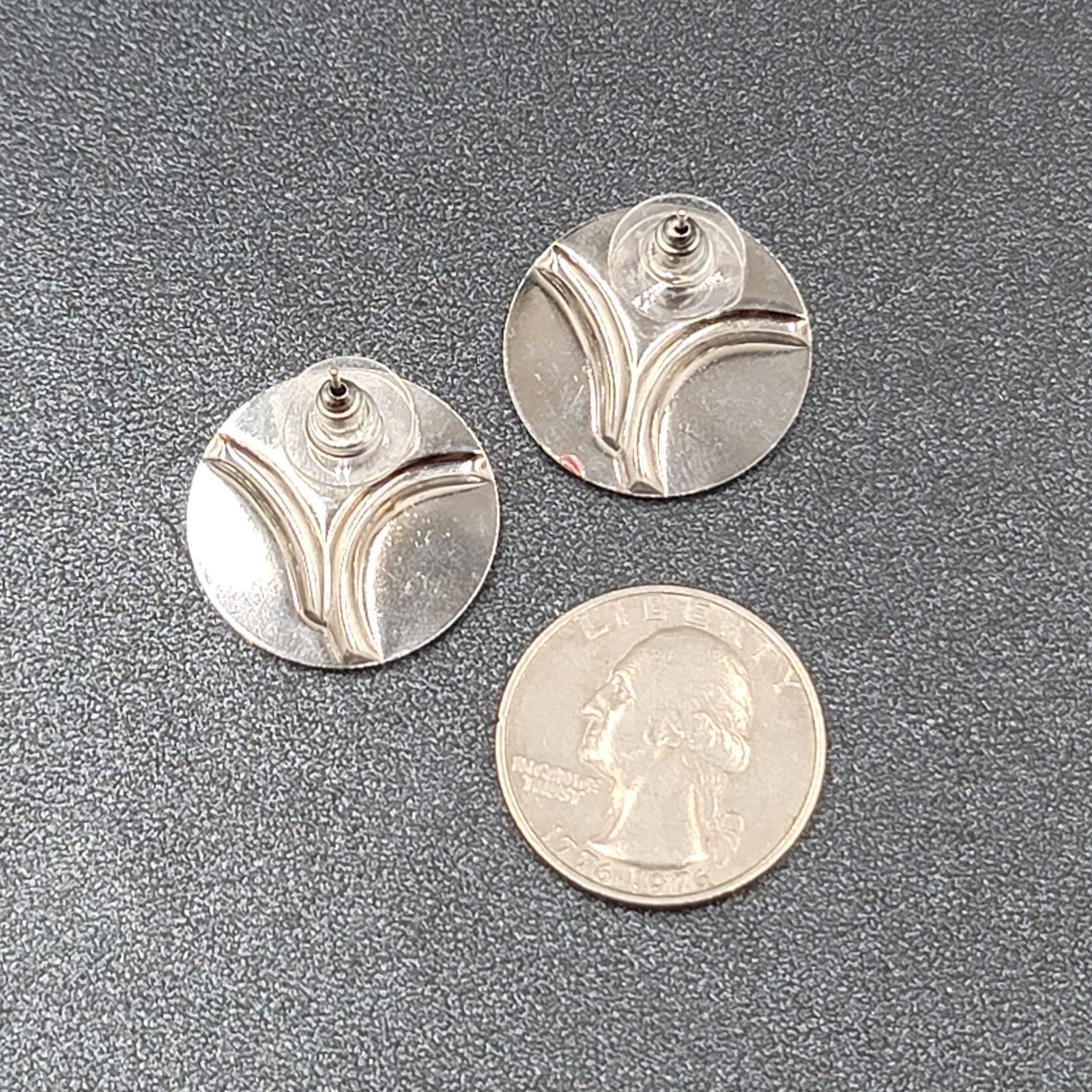 Vintage Pierced Earrings Silver tone White Red Enamel Disc Studs 7/8"
