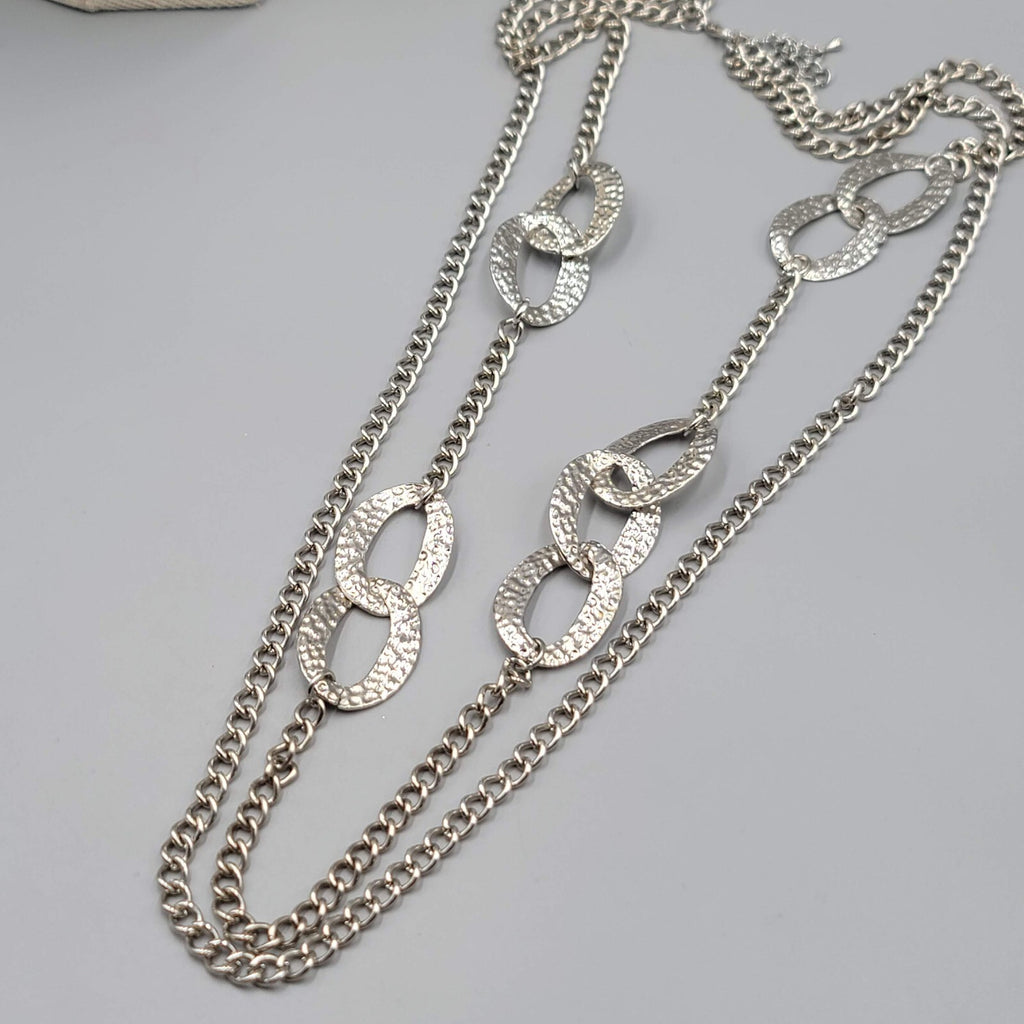 Long Double Chain Hammered Silver tone Necklace 32"
