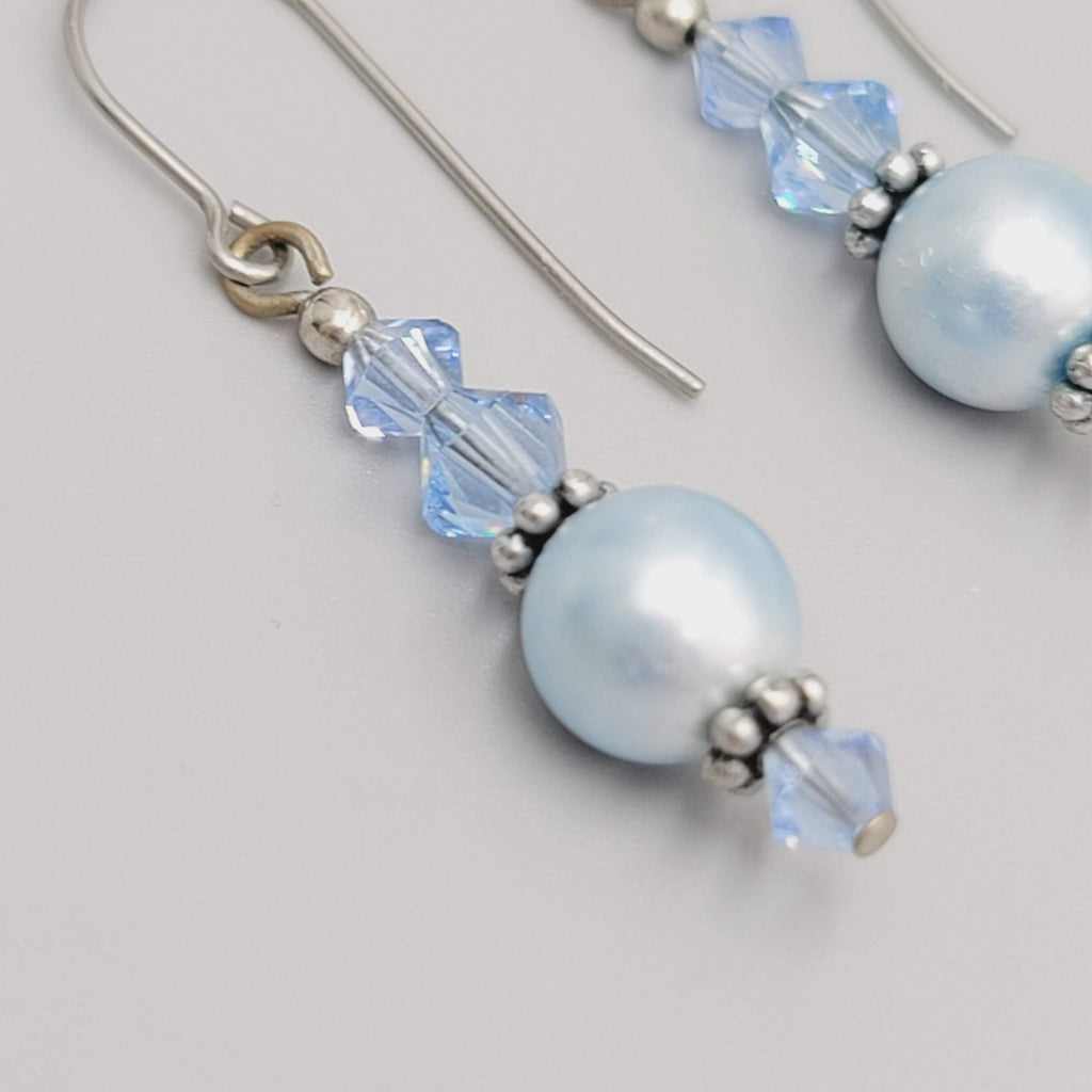 Satin Blue Bead Pierced Earrings Silver tone Dangle 1 1/8"