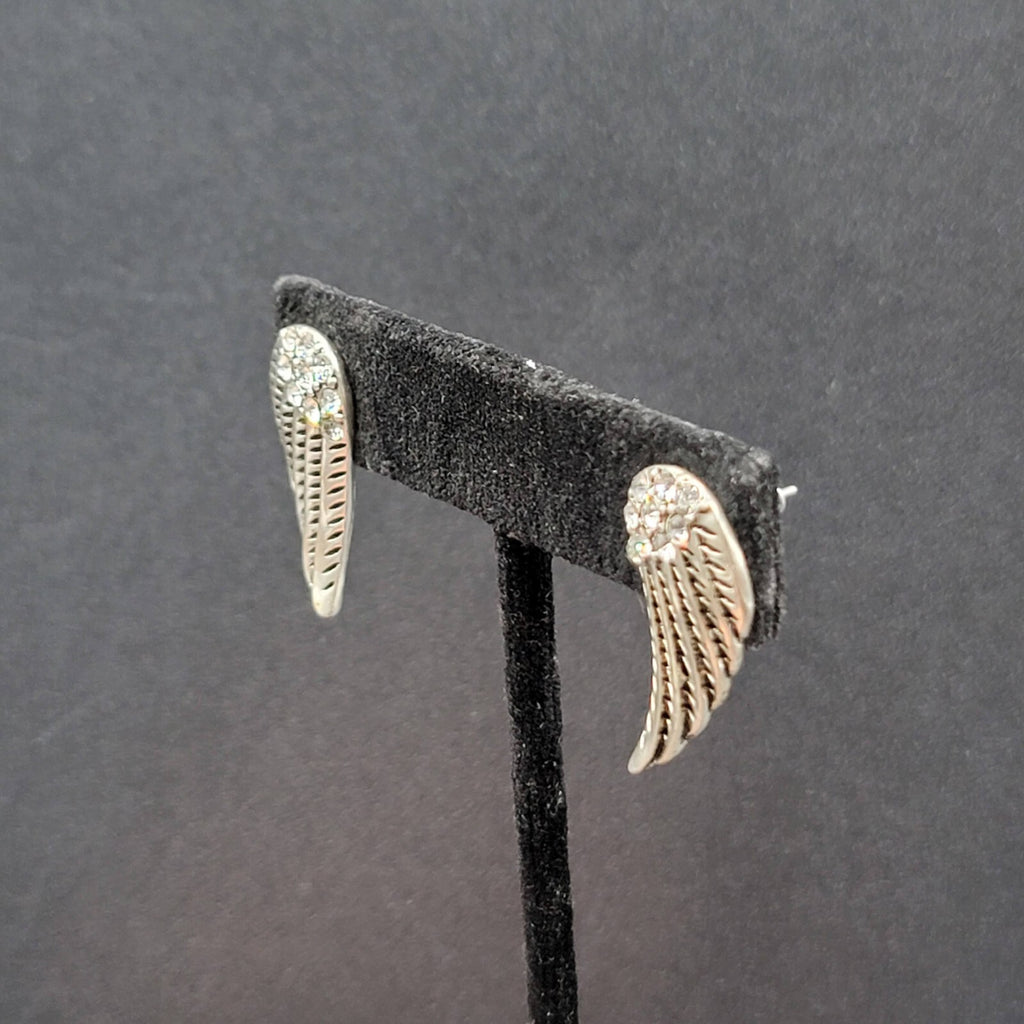 Pierced Earrings Silver tone Wings Crystal Rhinestone Drop 1"