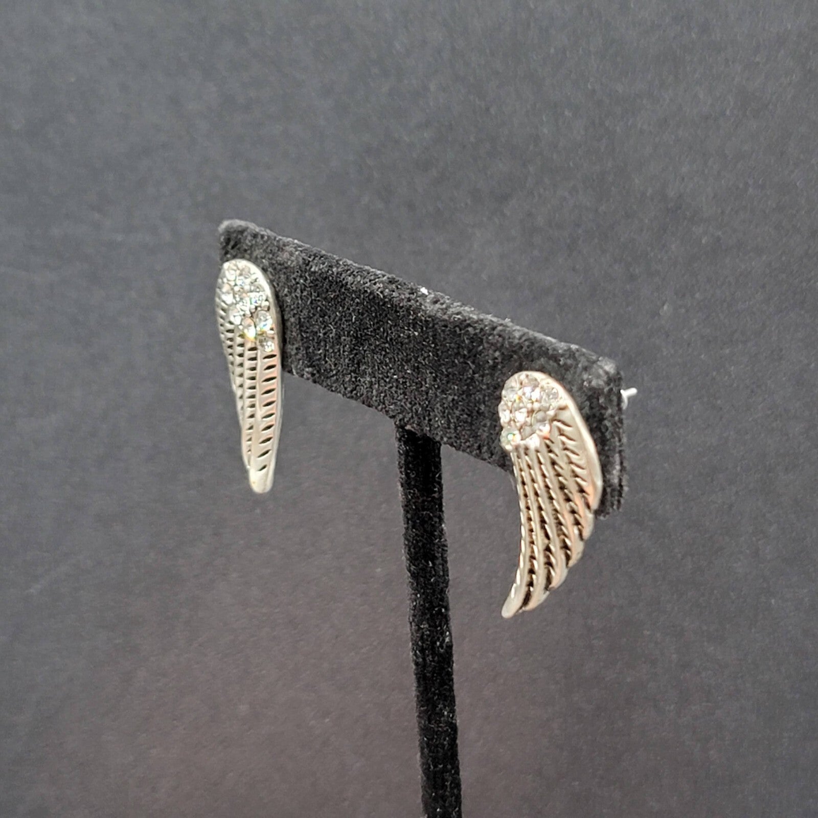 Pierced Earrings Silver tone Wings Crystal Rhinestone Drop 1"