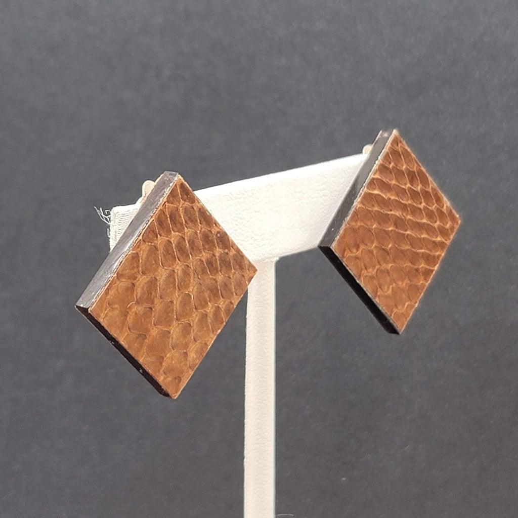 Vintage Clip on Earrings Brown Faux Snake Skin 1 3/8"