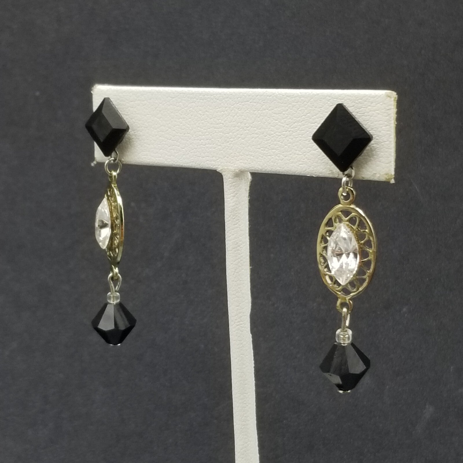 Pierced Earrings Silver tone Open Work Black Clear Faceted Crystal Dangle 1 3/4"