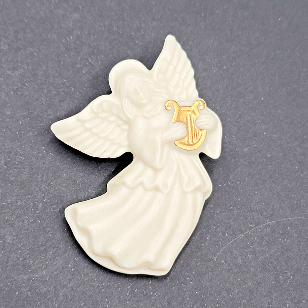 Vintage Lenox Angel Brooch Pin Ceramic Gold Harp Lyre Christmas 2"