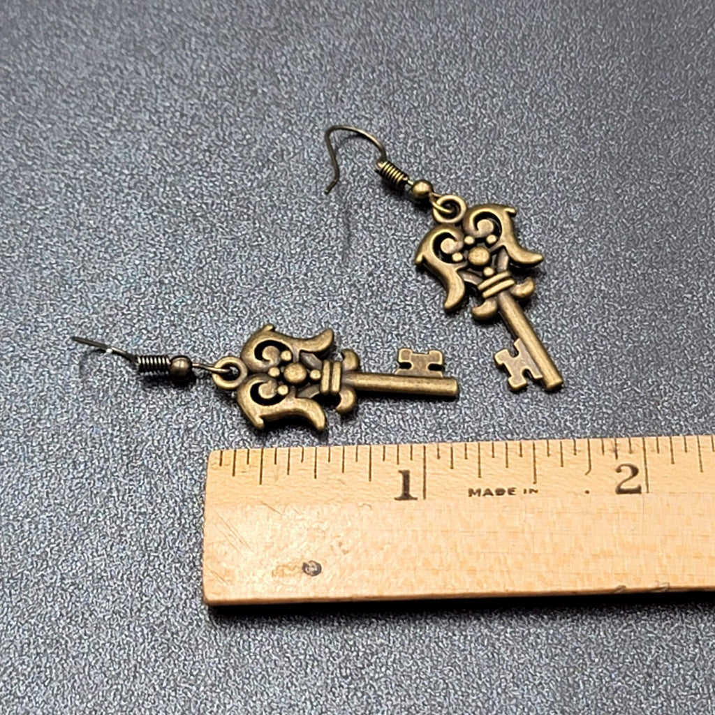 Fancy Skeleton Key Pierced Earrings Bronze tone Dangle NEW  1 1/8"