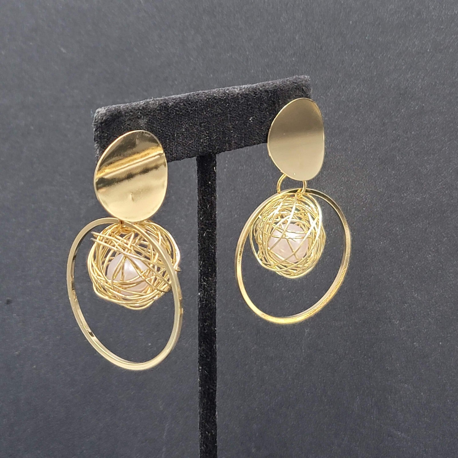 Pierced Earrings Gold tone Large Statement Wire Wrapped White Bead 2.25"