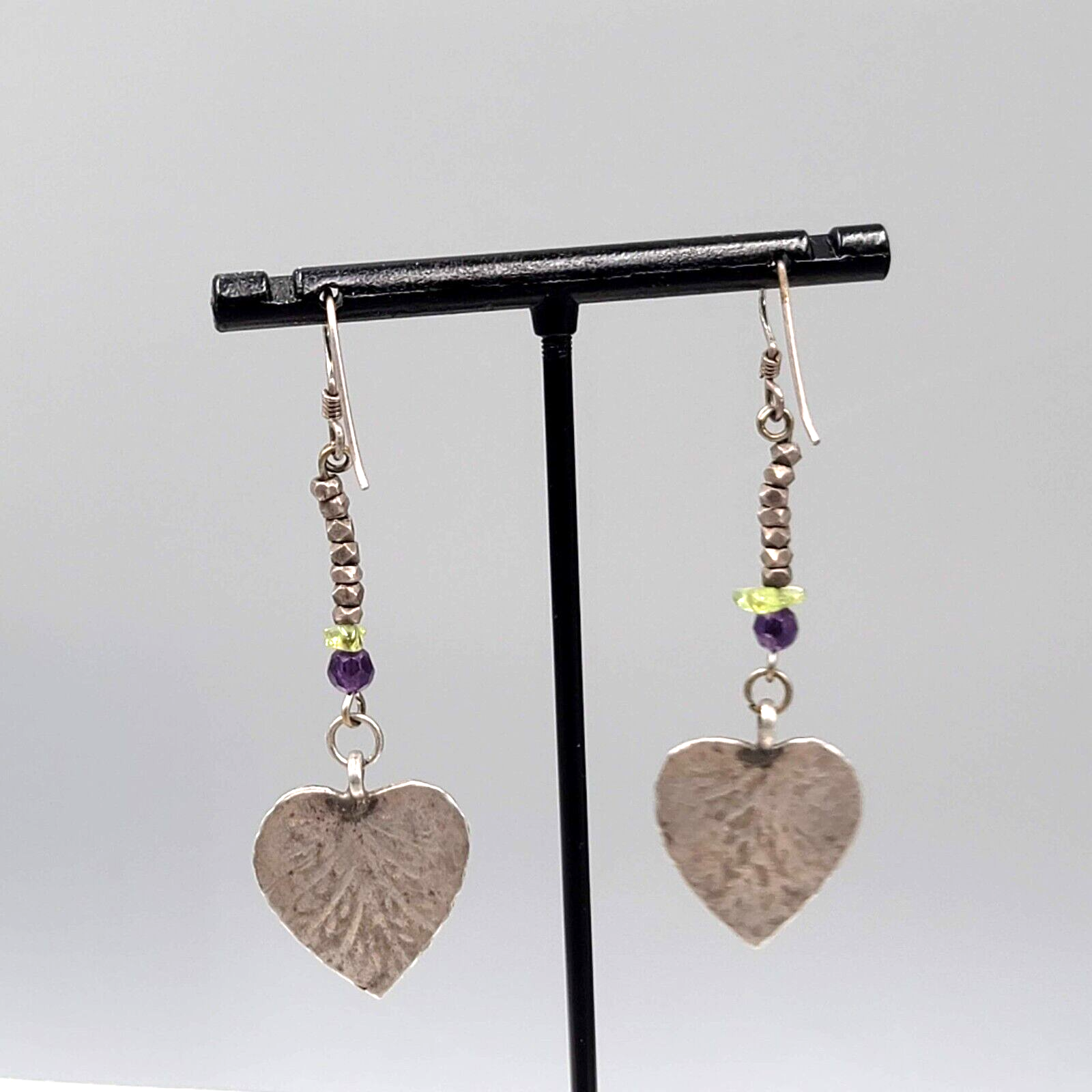 Vintage Pierced Earrings Silver tone Engraved Leaf Bead Dangle 1.75"