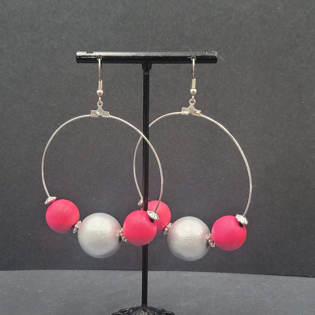 Pierced Earrings Large Silver tone Pink Silver tone Beaded Statement Hoops 2.5"