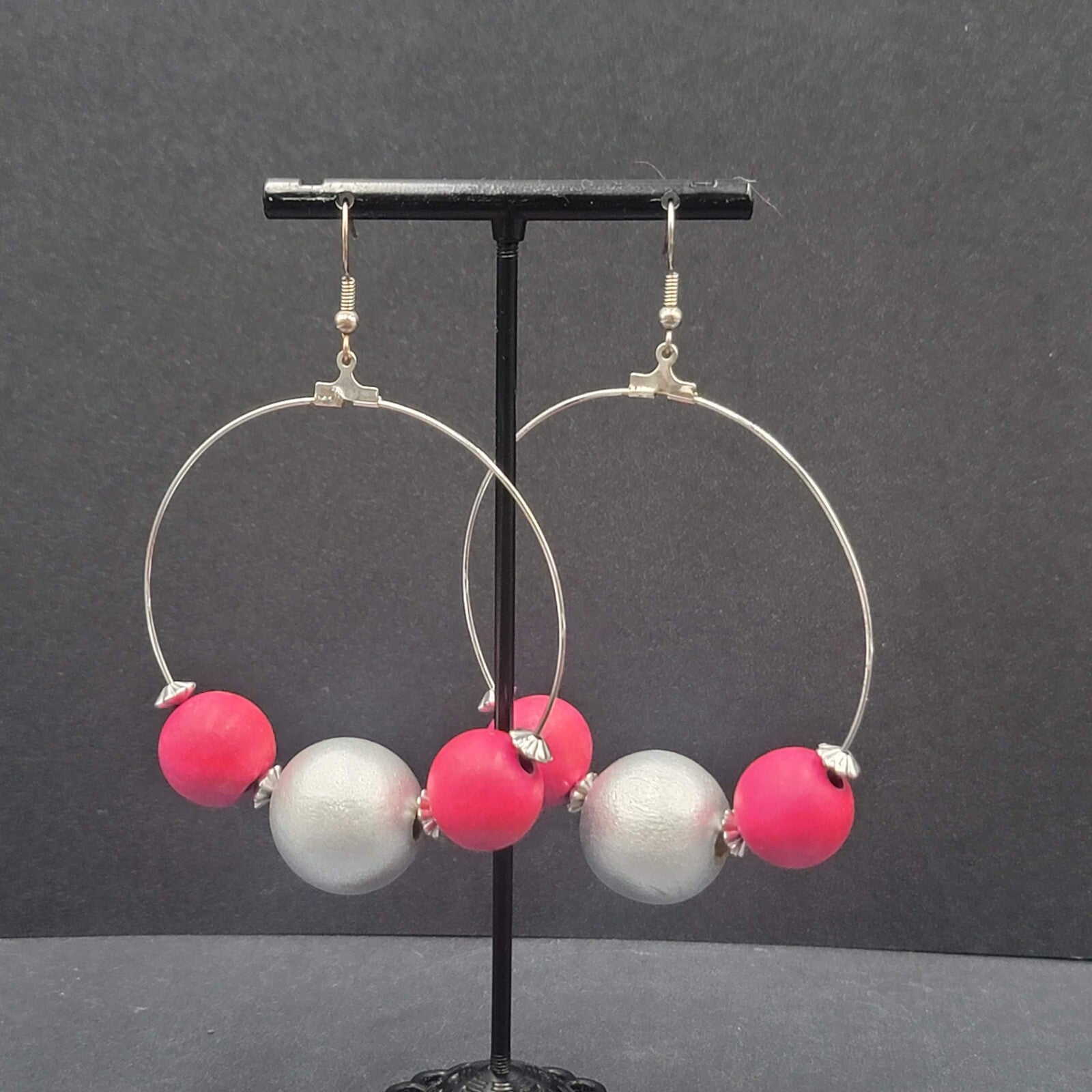 Pierced Earrings Large Silver tone Pink Silver tone Beaded Statement Hoops 2.5"