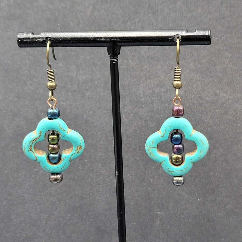 Pierced Earrings Dyed Blue Howlite Open Work Bead Dangle  1 1/8"