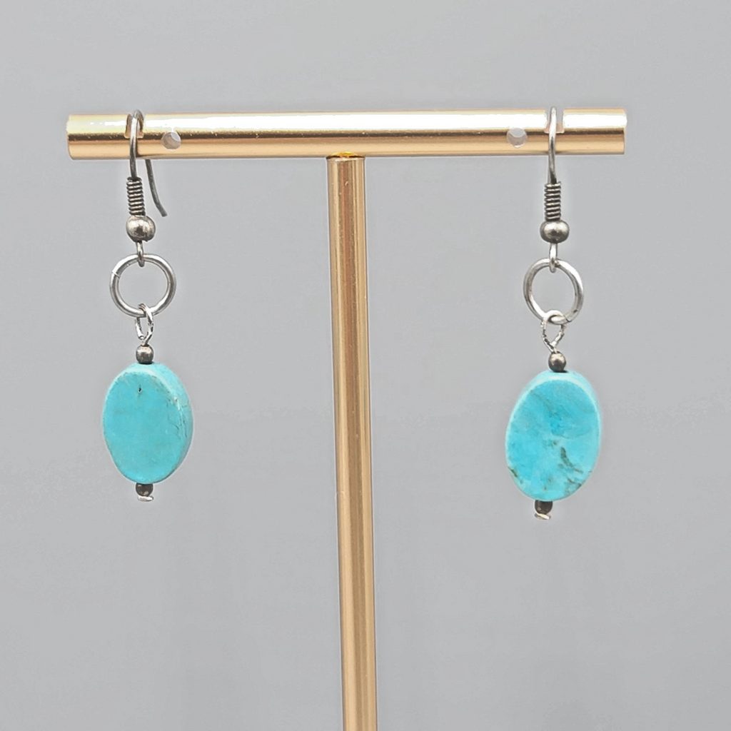 Oval Turquoise Bead Pierced Earrings Silver tone Dangle 1 1/8 in