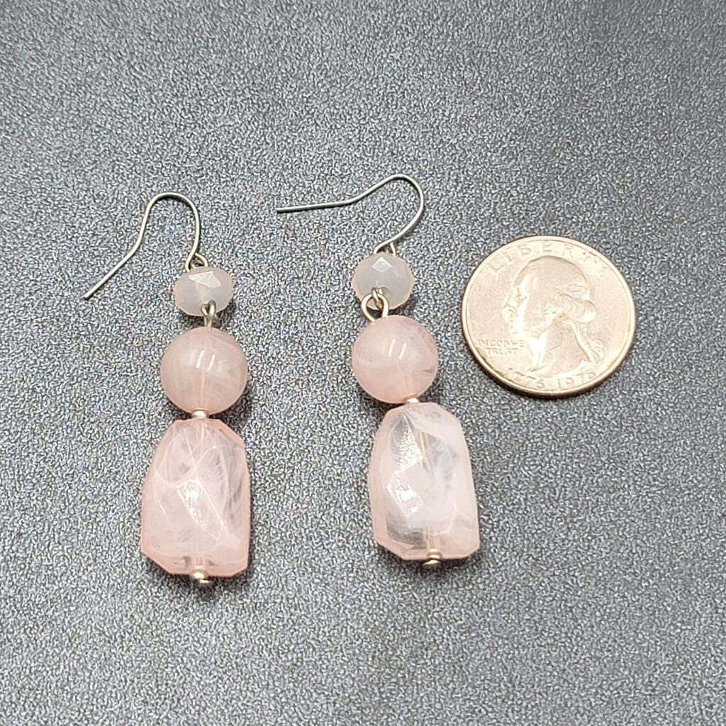 Pierced Earrings Silver tone Acrylic Marbled Pink Beads Dangle 2"
