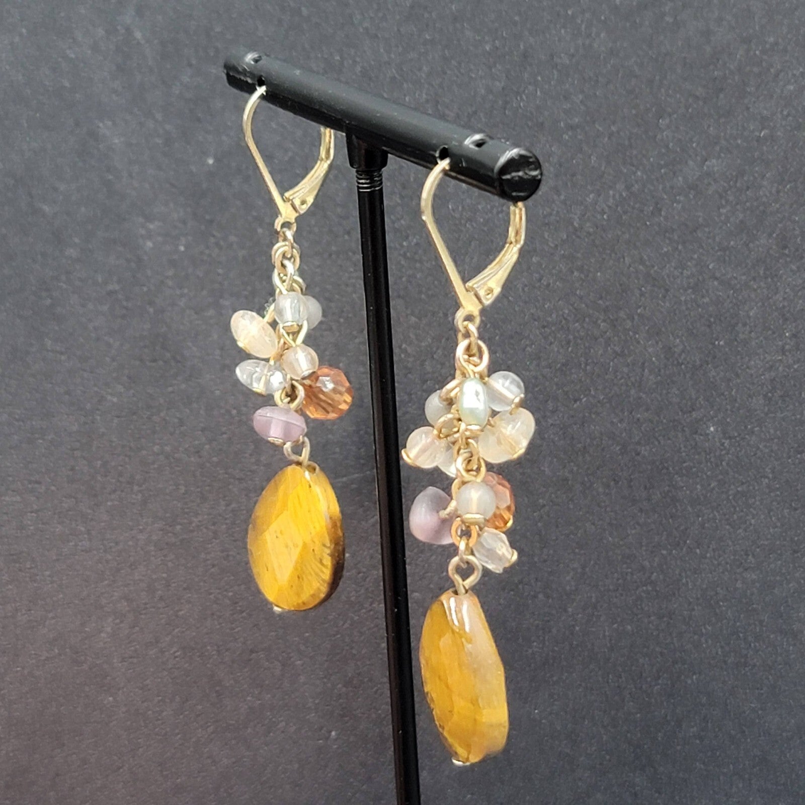 Pierced Earrings Silver tone Glass Bead Tigers Eye Teardrop 1.75"