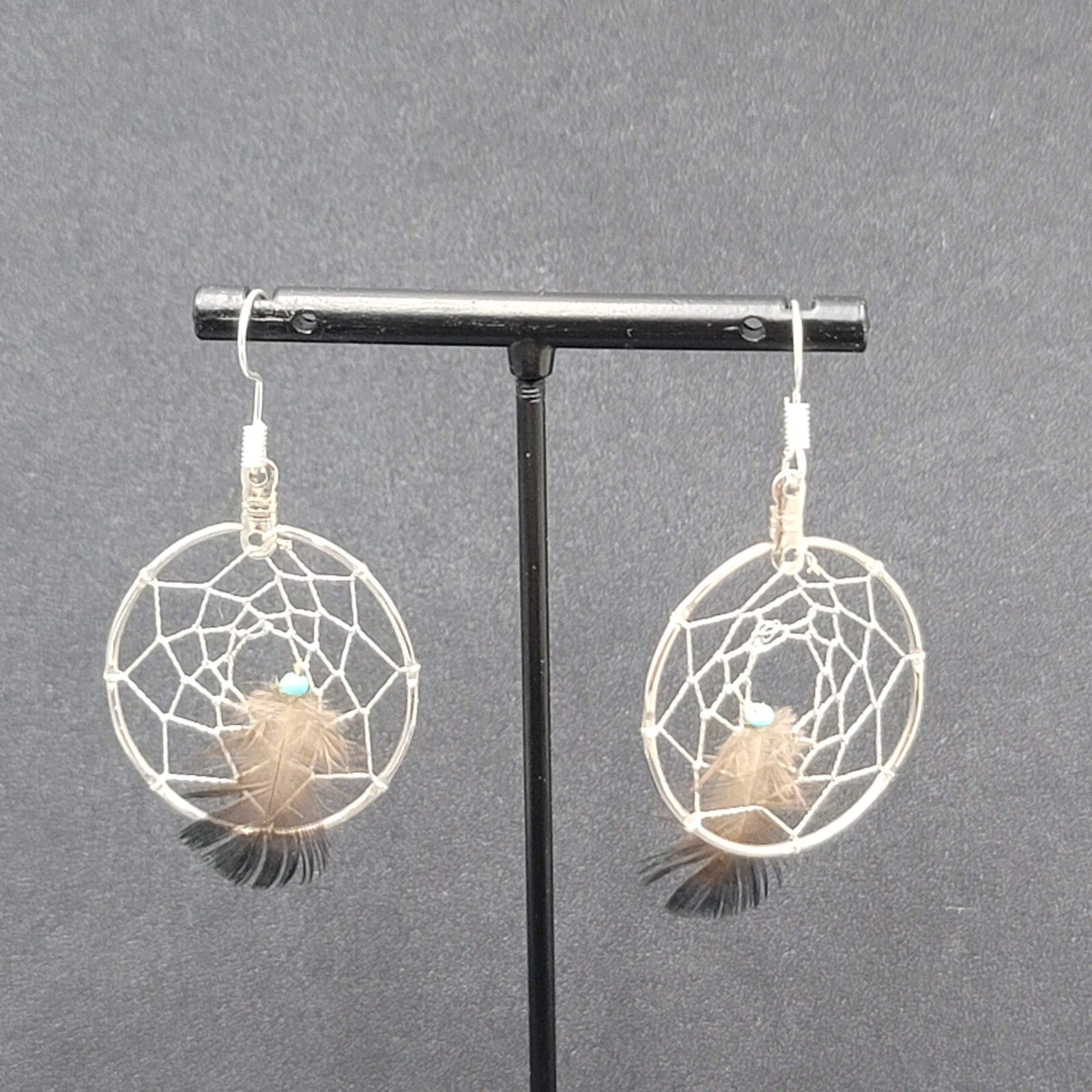 Vintage Pierced Earrings Silver tone Dreamcatcher Real Feather  1.5"