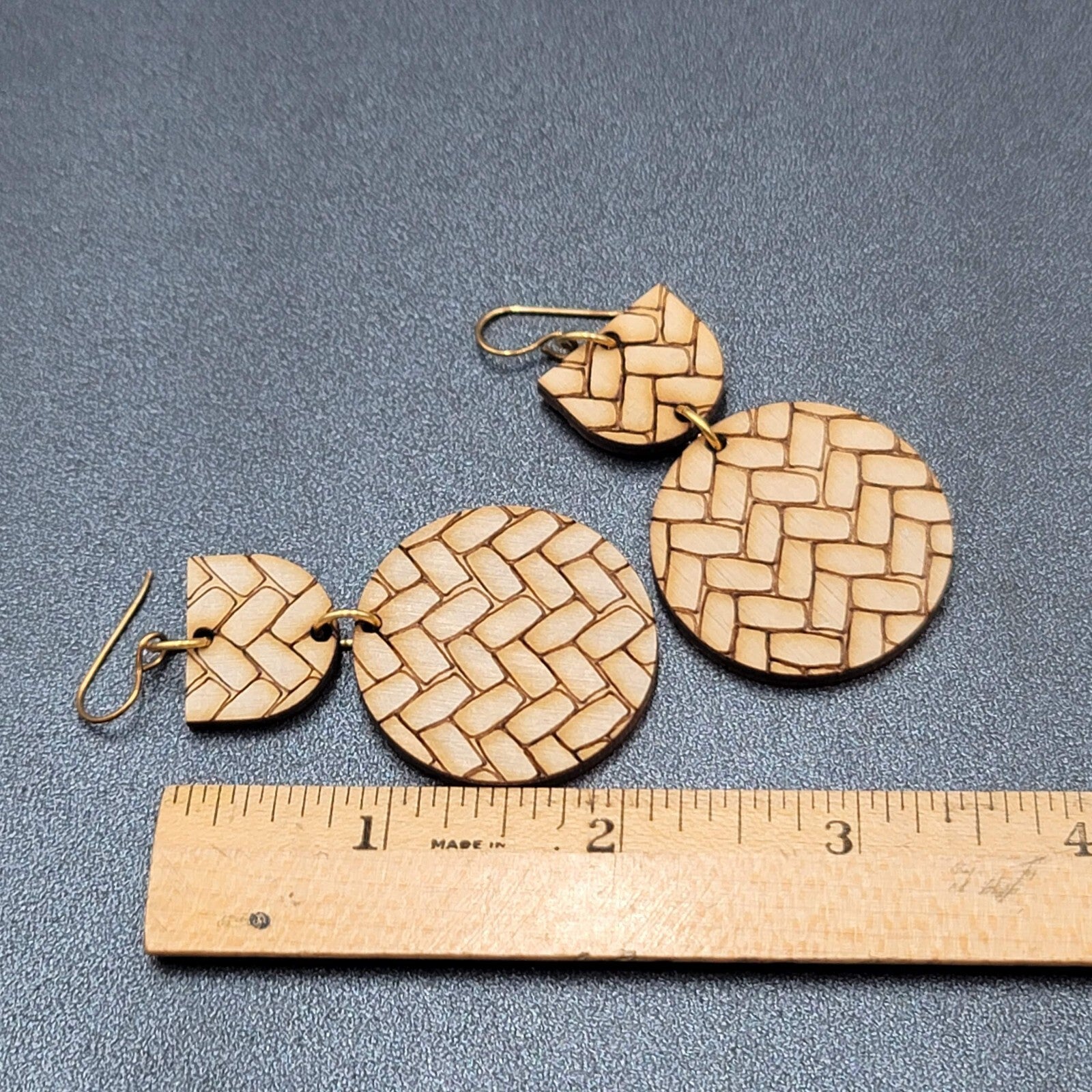Pierced Earrings Laser Burned Geometric Wood Dangle Statement 2.25"