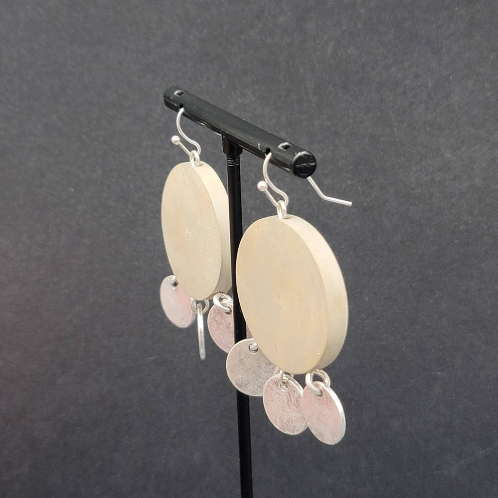 Pierced Earrings Round Wood Silver tone Discs 1.75"