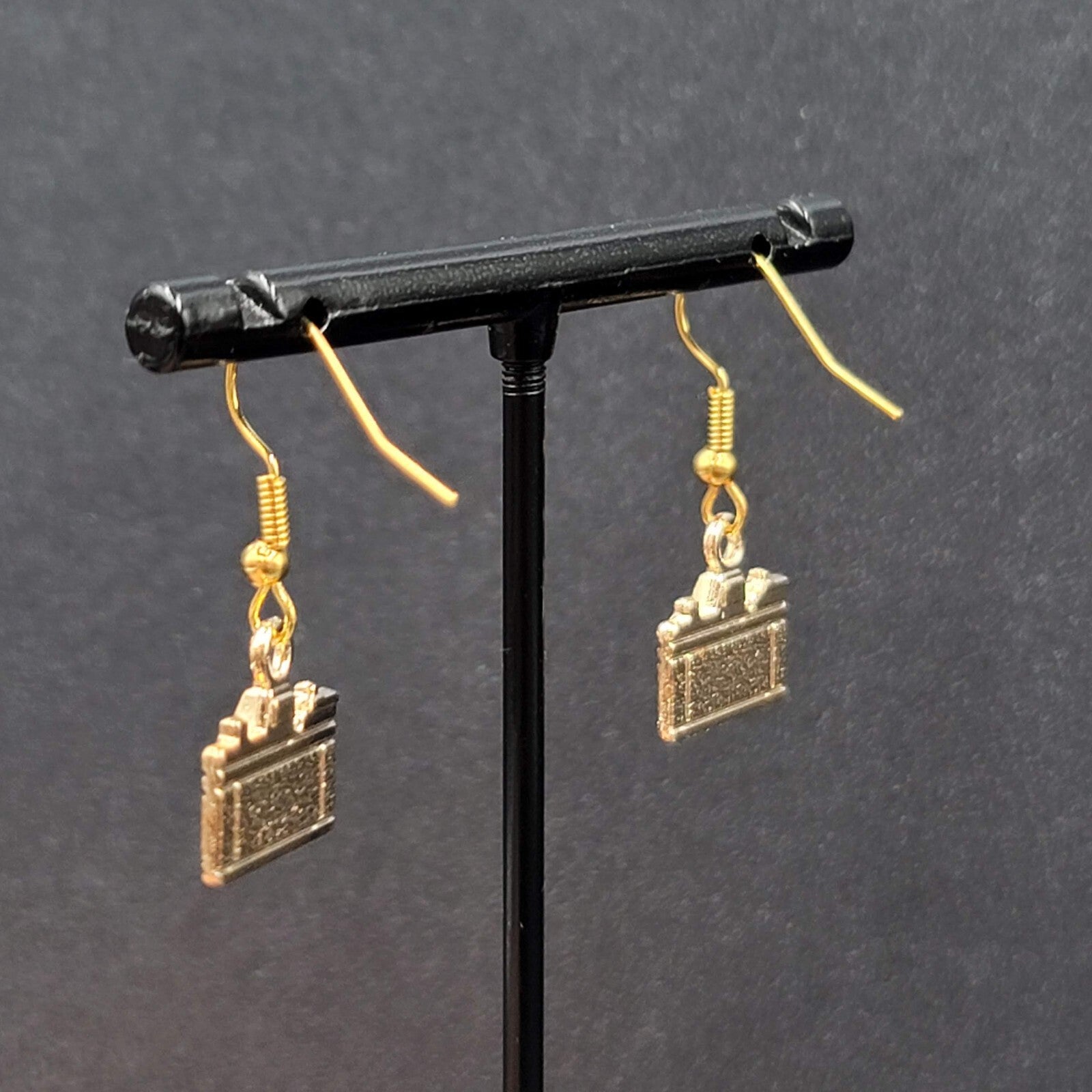 Retro Camera Pierced Earrings Gold tone Dangle 1/2"