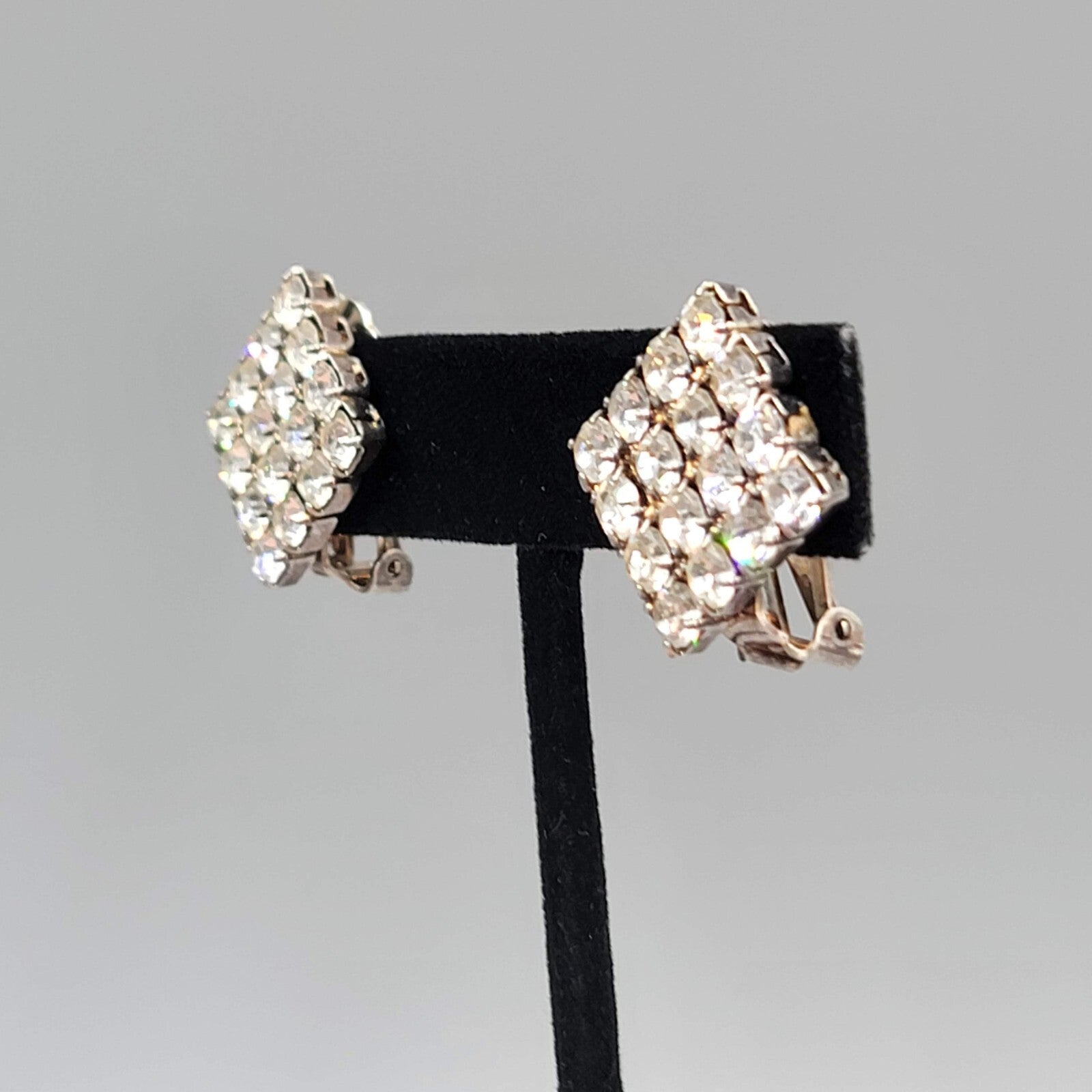 Vintage Square Rhinestone Clip on Earrings Silver tone 7/8"