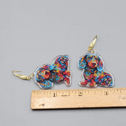 Colorful Dachshund Dog Pierced Earrings Acrylic Dangle Gold tone 1.75"