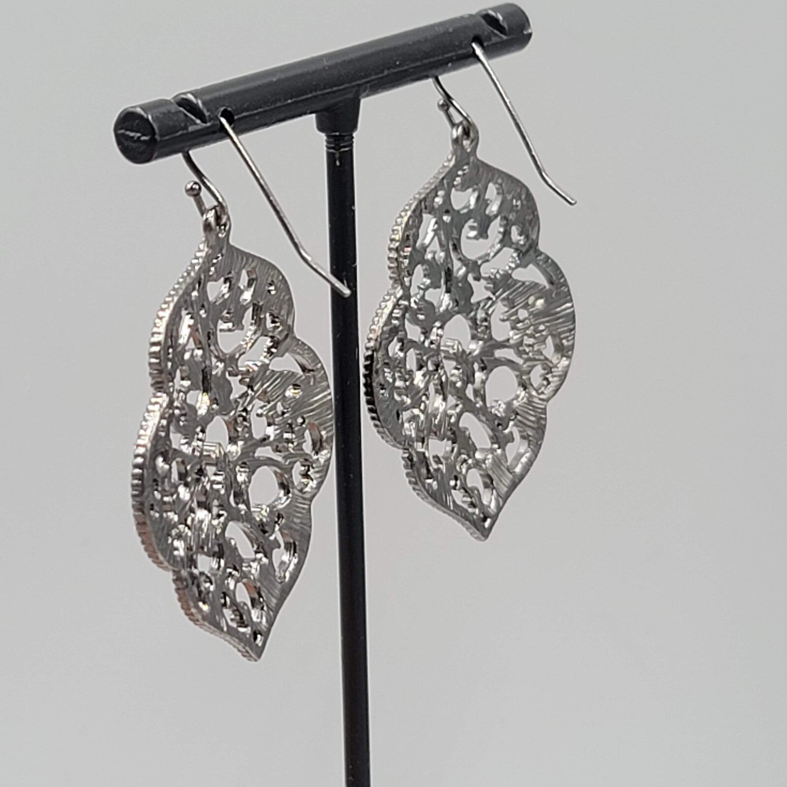 Pierced Earrings Black Metal Crystal Rhinestone Filigree Dangle 1.75"