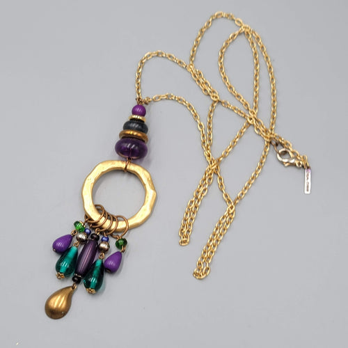 Casual Corner Long Pendant Necklace Gold tone Purple Glass Beads 36"