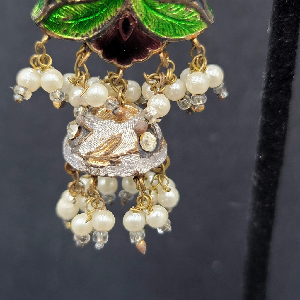Clip on Earrings Large Enamel Guilloche Beaded Chandelier India Jewelry 2.75"