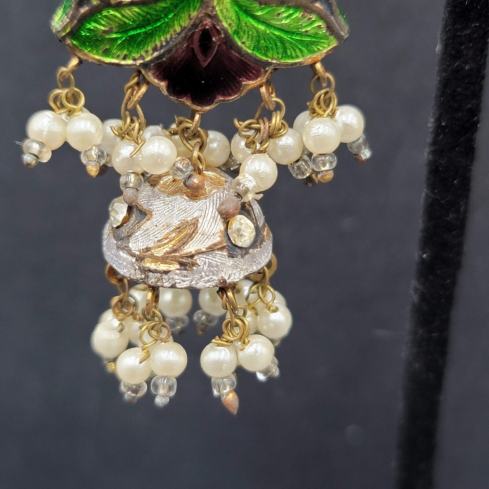 Clip on Earrings Large Enamel Guilloche Beaded Chandelier India Jewelry 2.75"