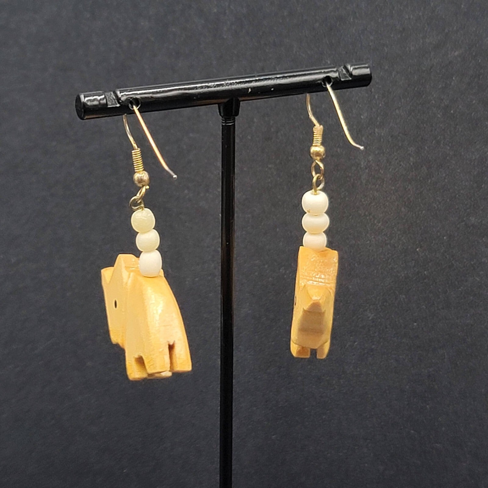 Vintage Pierced Earrings Solid Wood Hand Carved Elephant Dangle 1.5"