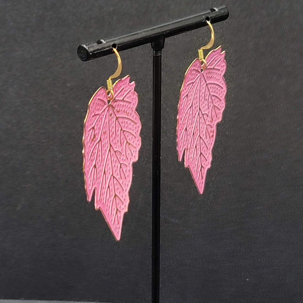 Pierced Earrings Gold tone Large Pink Dangle Leaves Statement 2"