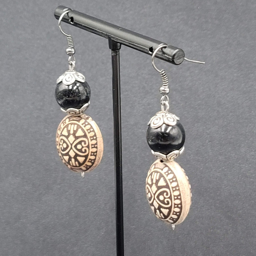 Pierced Earrings Silver tone Black Ornate Beaded Dangle 1.5"