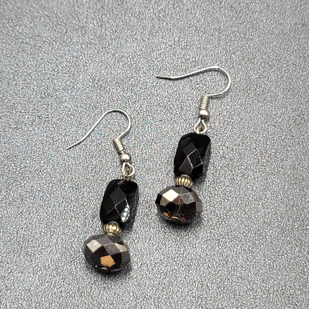 Pierced Earrings Black Glass Bead Silver tone Dangle 1.25"