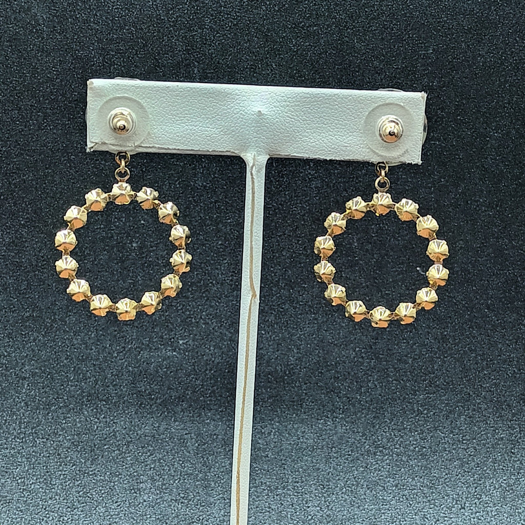 Pierced Earrings Gold tone Brown Faceted Crystal Open Round Dangle 1 7/8"