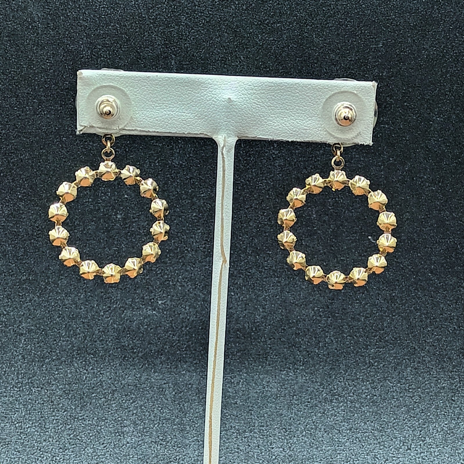 Pierced Earrings Gold tone Brown Faceted Crystal Open Round Dangle 1 7/8"