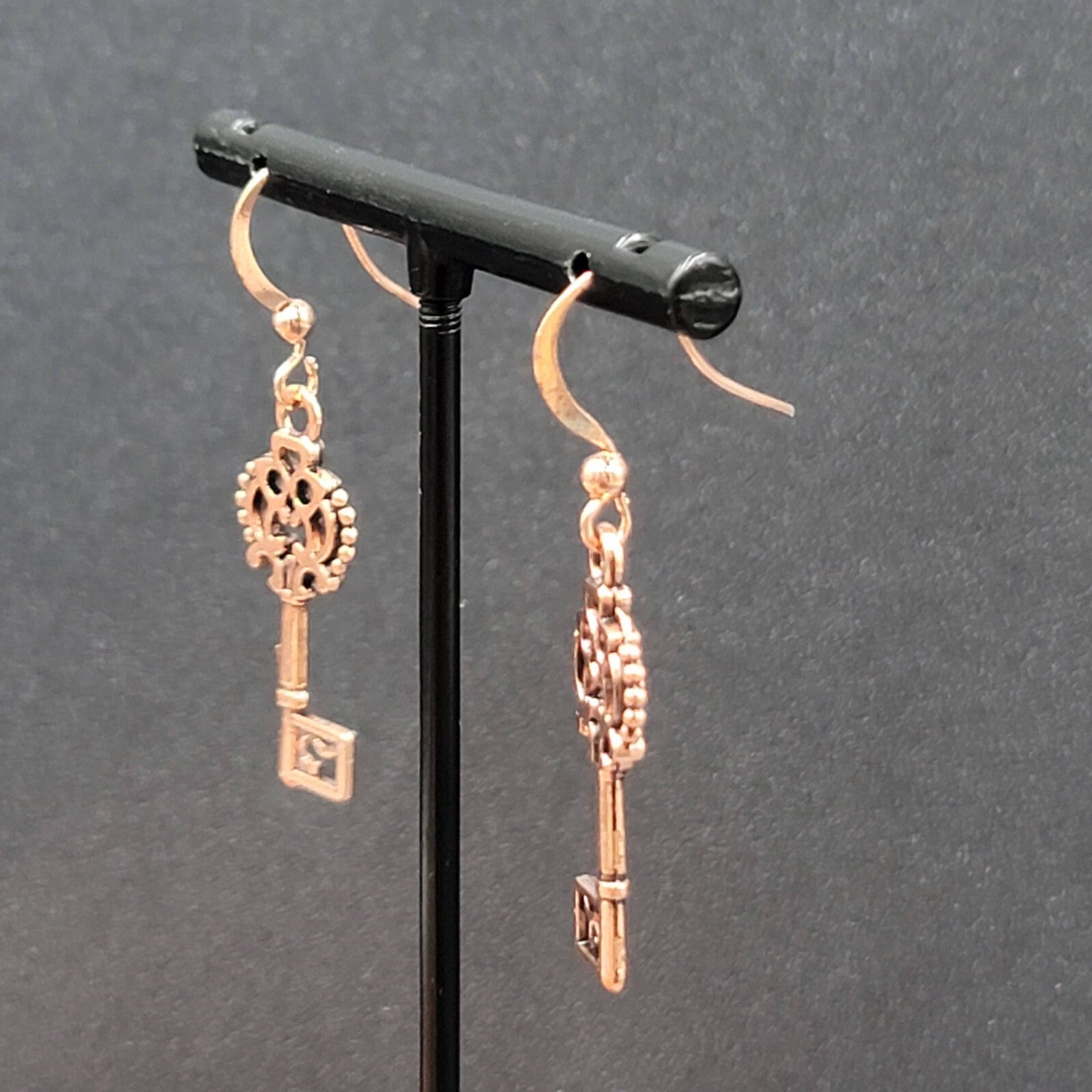 Skeleton Key Pierced Earrings Copper tone Dangle 1 1/8"