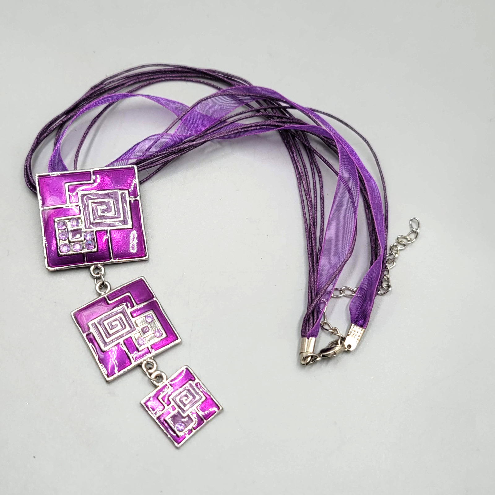 Purple Enamel Square Pendant Necklace Ribbon Cord Silver tone 16"-18"