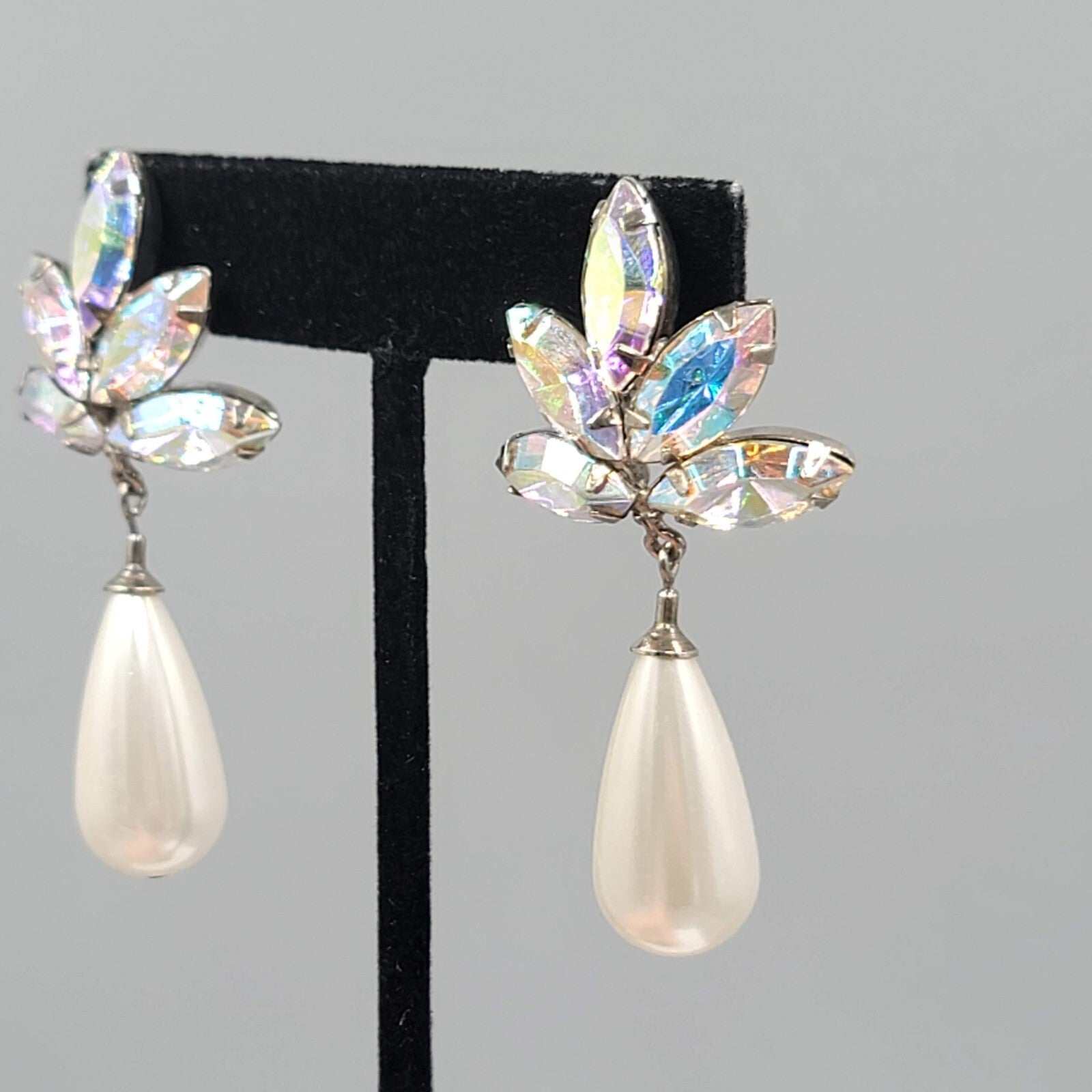 Vintage Statement Pierced Earrings Large AB Rhinestone Faux Pearl Teardrop 2.25"